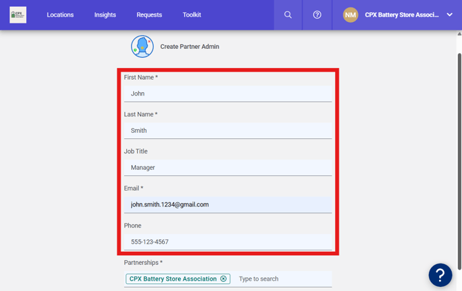 Create Partner Admin (2.27.26) (Top) (fields filled) (highlight)