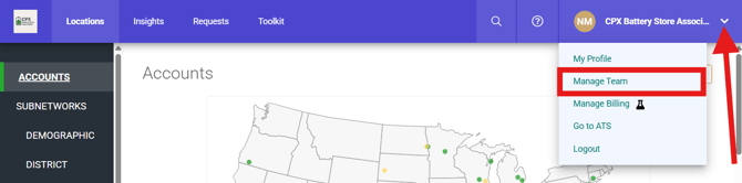PartnerHub (Locations page) (Account drop-down) (highlights)